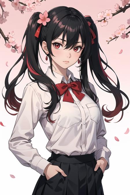 407830-1004935590-cowboy shot,1girl,solo,shirt,bow,bowtie,black hair,long hair,skirt,twintails,red eyes,jewelry,earrings,white shirt,hair flower,l.png